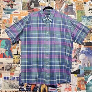 Dawahares‎ Plaid Short Sleeve Button Up Shirt Mens XL Blue Green Purple
